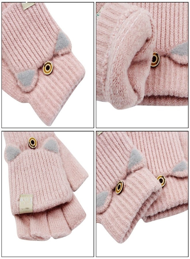 leomoste Winter Warm Convertible Mittens Half Fingerless Plush Knitted Lined Cartoon Gloves for 6-12 Years Old Boys Girls - Image 3