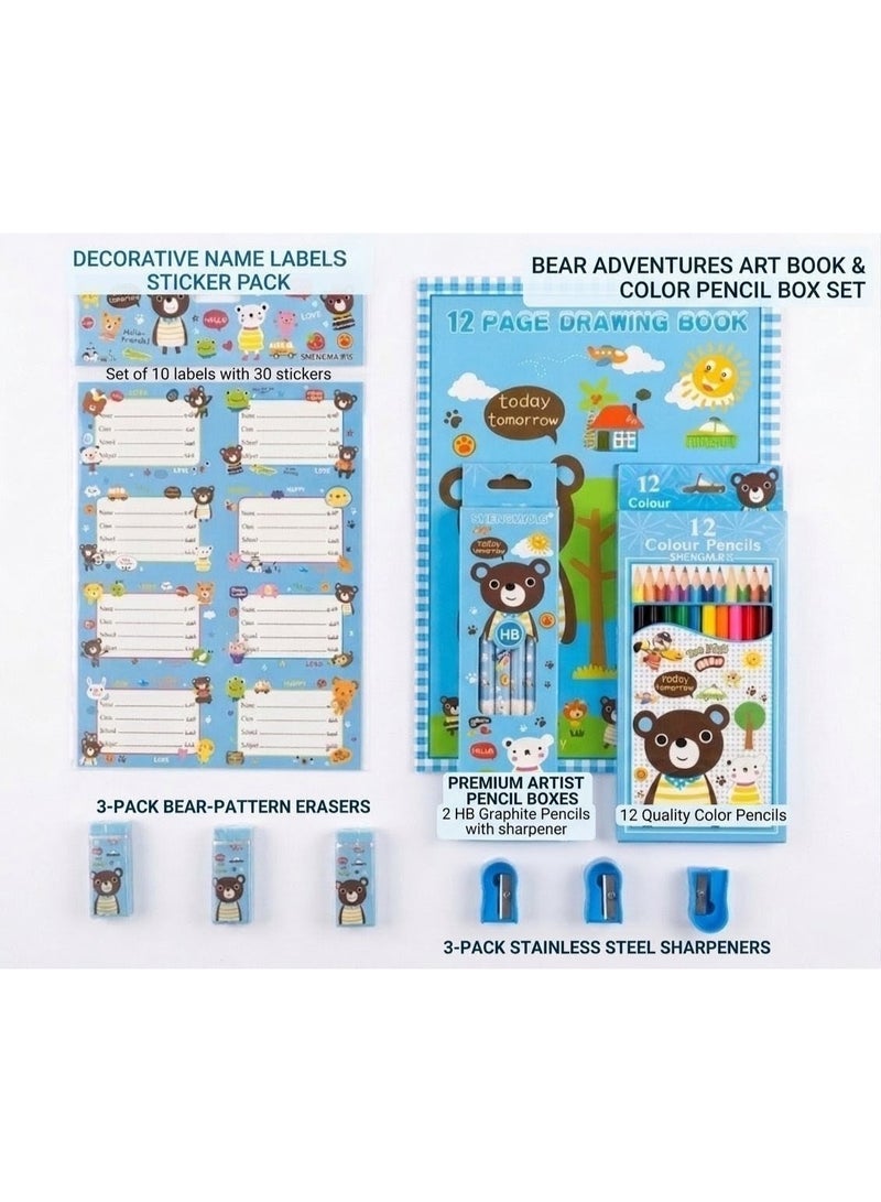Green Banena Kids Stationery Set, Bear, Series, 12 Colour Pencils, HB Pencils, Drawing Book, Sharpeners, Erasers, Name Slips - Image 3