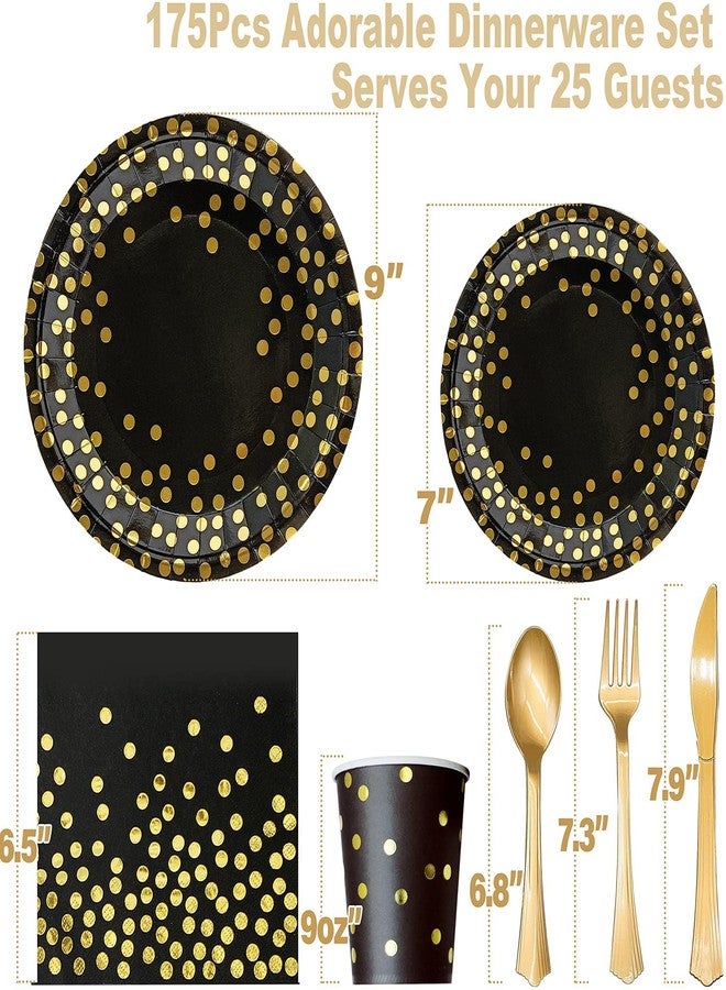 AIRE 175PCS Black and Gold Paper Plates Party Supplies for 25 Guests Disposable Party Decorations Dinnerware Golden Dot Black Paper Plates Napkins Cups Gold Plastic Forks Knives Spoons for Parties - Image 2