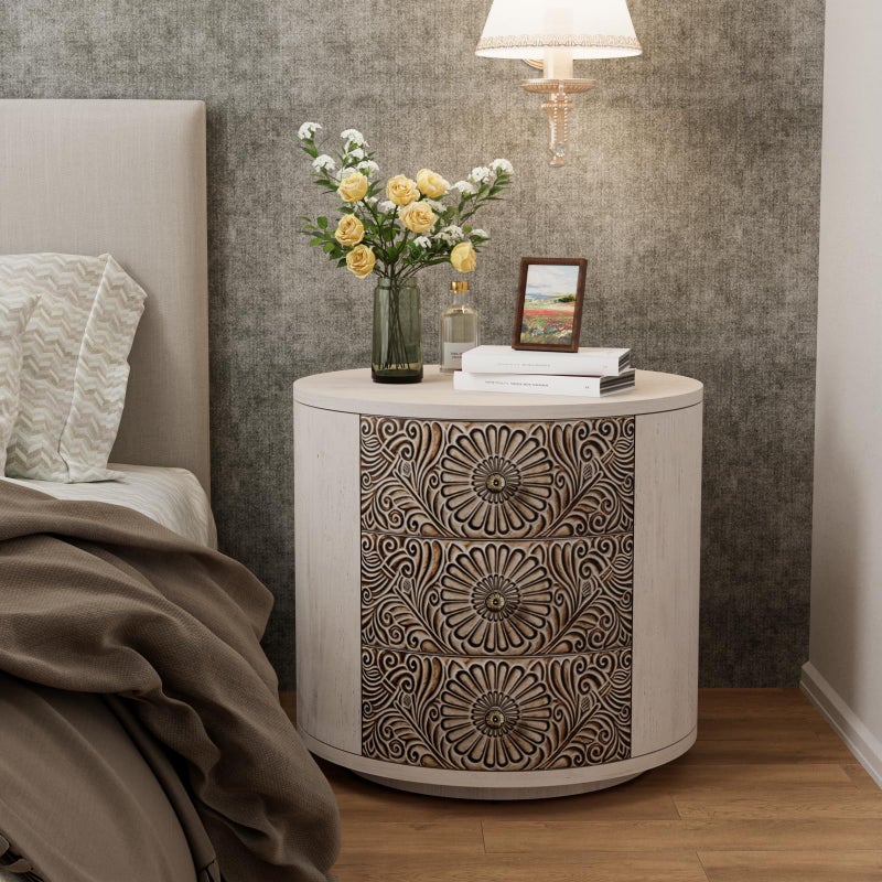 COSIEST 3 Drawer Chest of Drawers 20 inch MDF Round Storage Cabinet Retro Whitewash Finish Nightstand Wood Bedside Table with Drawers for Bedroom Living RoomLight Gray