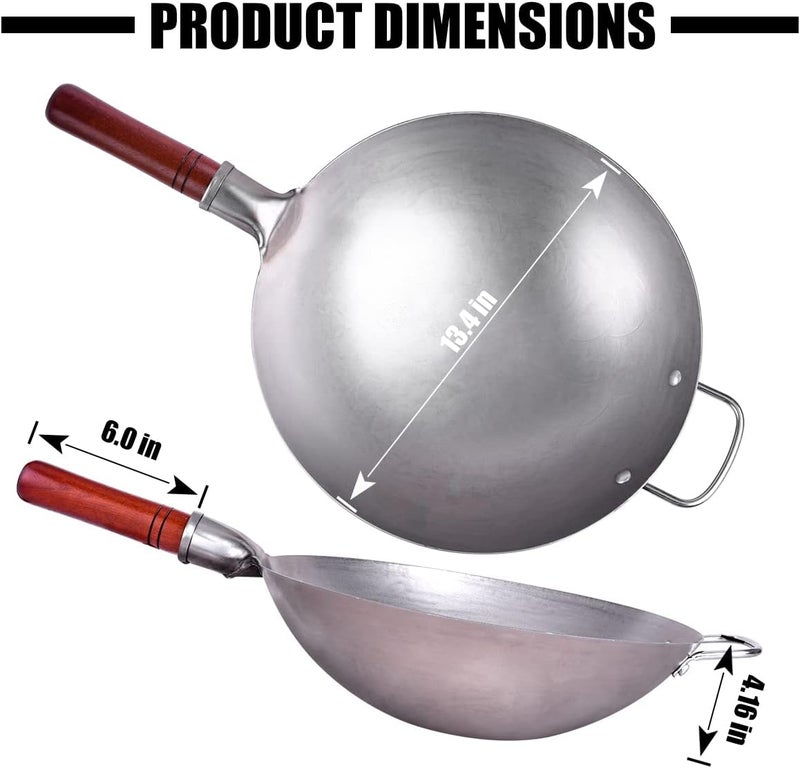 Teewe Carbon Steel Wok Traditional Hand Hammered - 13.4" Chinese Woks Round Bottom Wok Pan Set with 8 Pcs Cookware Accessories - Image 2