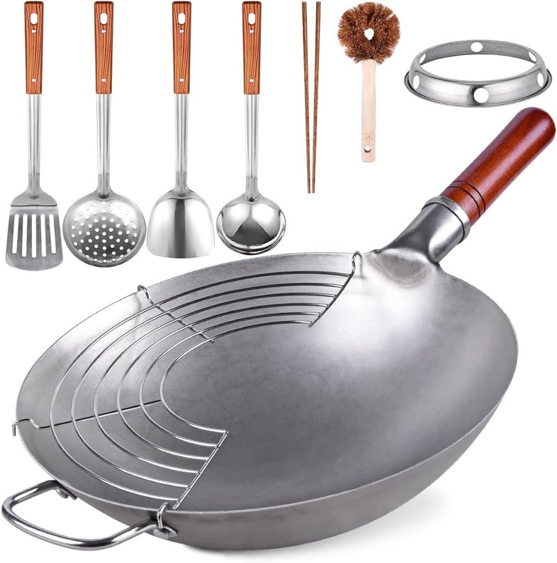Teewe Carbon Steel Wok Traditional Hand Hammered - 13.4" Chinese Woks Round Bottom Wok Pan Set with 8 Pcs Cookware Accessories - Image 1
