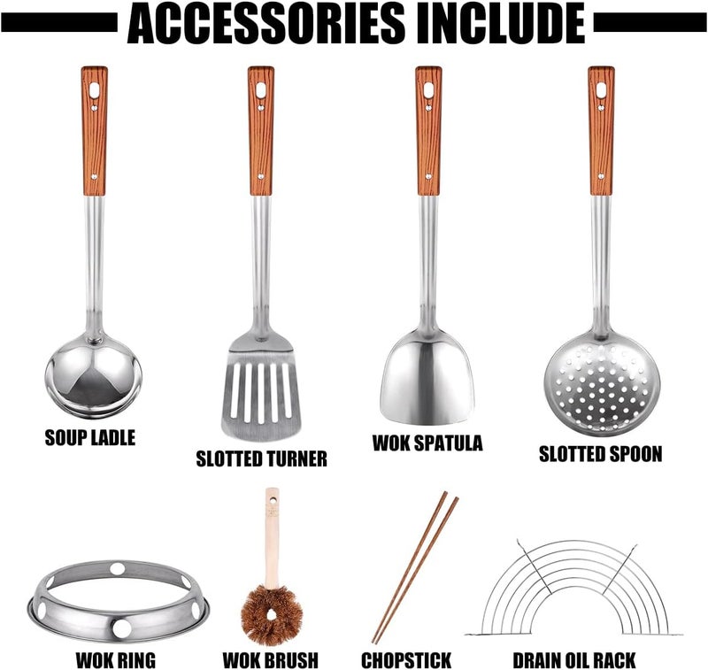 Teewe Carbon Steel Wok Traditional Hand Hammered - 13.4" Chinese Woks Round Bottom Wok Pan Set with 8 Pcs Cookware Accessories - Image 3