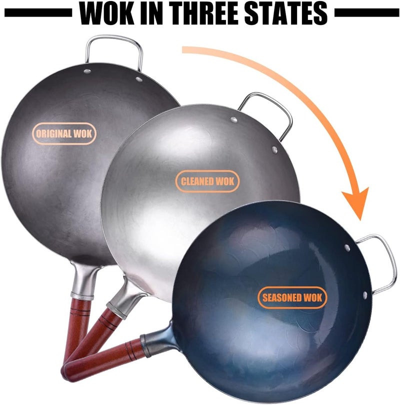 Teewe Carbon Steel Wok Traditional Hand Hammered - 13.4" Chinese Woks Round Bottom Wok Pan Set with 8 Pcs Cookware Accessories - Image 4