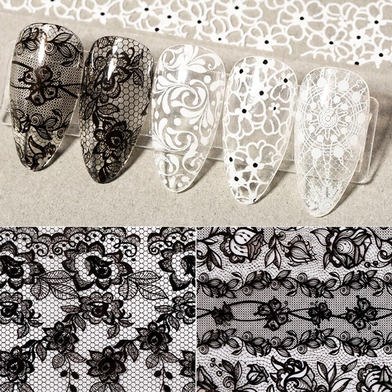 SILPECWEE 20 Rolls Lace Nail Foil White and Black Nail Transfer Foil Flower Nail Art Foils Decals Holographic Foils for Nails Manicure Stickers for DIY Acrylic Nails Decoration - Image 5