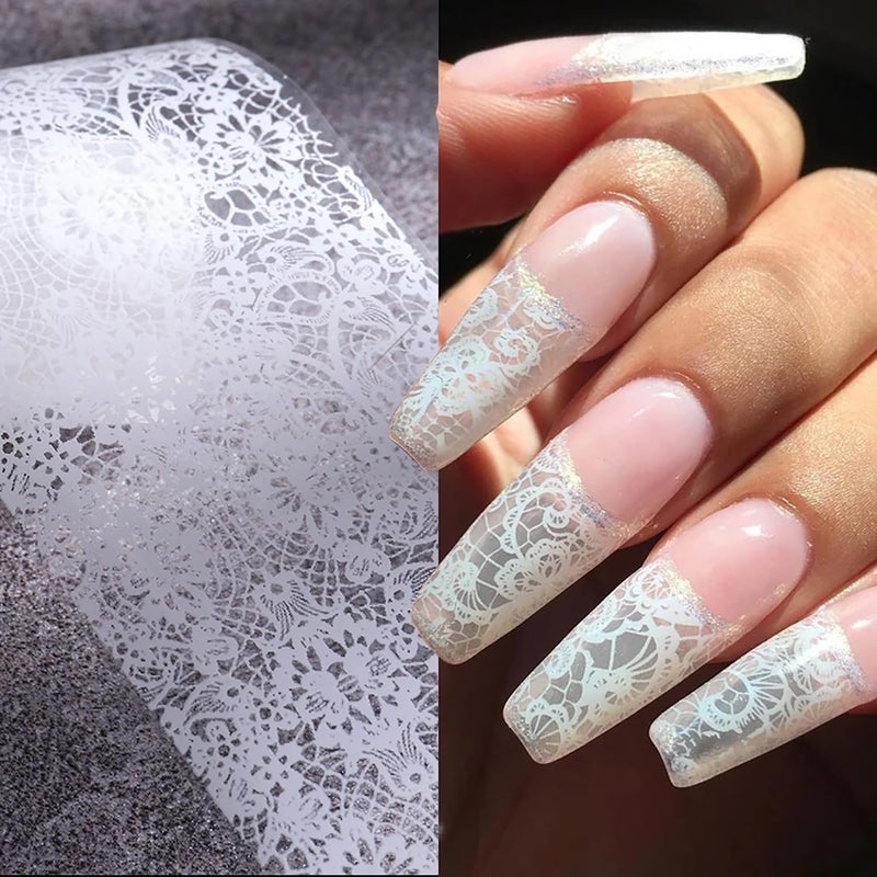 SILPECWEE 20 Rolls Lace Nail Foil White and Black Nail Transfer Foil Flower Nail Art Foils Decals Holographic Foils for Nails Manicure Stickers for DIY Acrylic Nails Decoration - Image 2