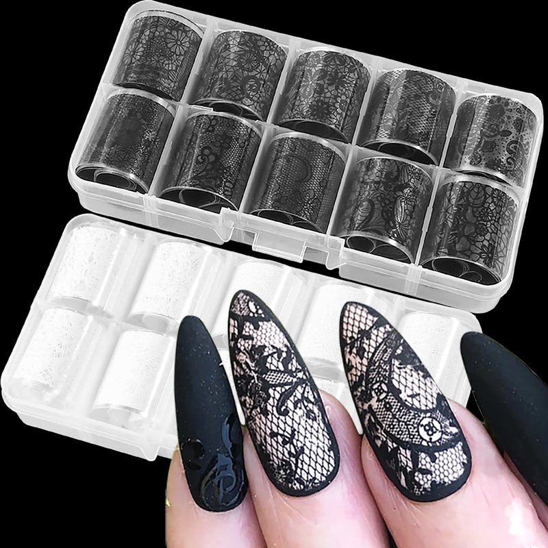 SILPECWEE 20 Rolls Lace Nail Foil White and Black Nail Transfer Foil Flower Nail Art Foils Decals Holographic Foils for Nails Manicure Stickers for DIY Acrylic Nails Decoration - Image 1