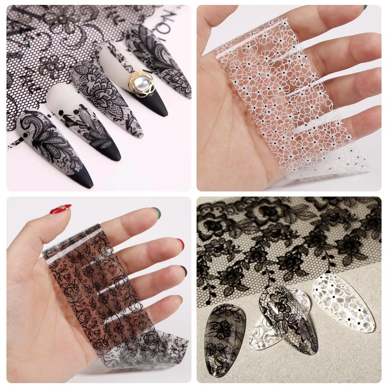 SILPECWEE 20 Rolls Lace Nail Foil White and Black Nail Transfer Foil Flower Nail Art Foils Decals Holographic Foils for Nails Manicure Stickers for DIY Acrylic Nails Decoration - Image 3