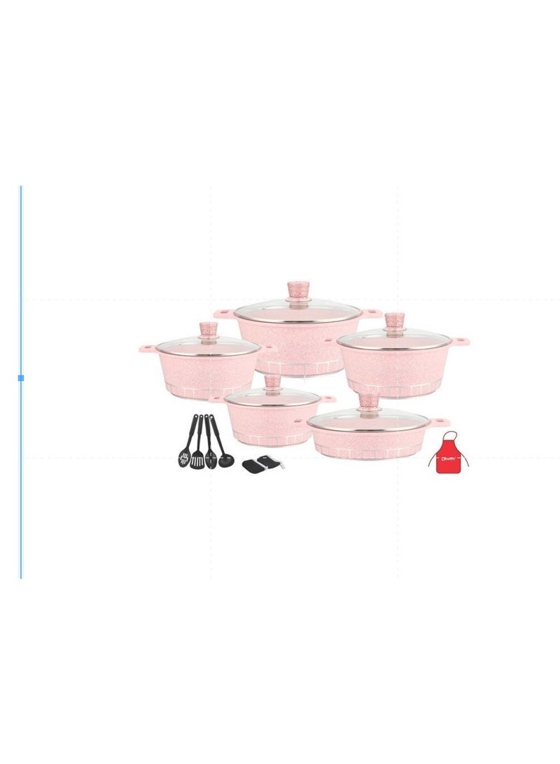 DESSINI 17-Piece Granite Cookware Set Includes 1xCasserole With Lid 20cm, 1xCsserole With Lid 24cm, 1xCasserole With Lid 28cm, 1xCasserole With Lid 32cm, 1xShallow Casserole With Lid 28cm, 7xCooking Tools Pink