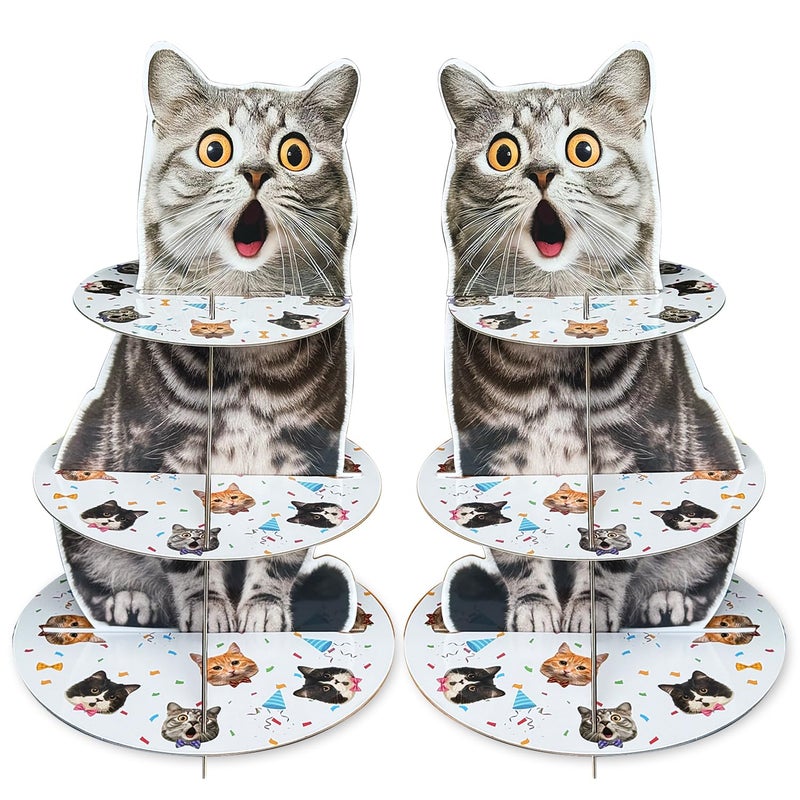 partyzoa 2 Pack Cat Cupcake Stand Birthday Party Decorations Supplies, Cat 3 Tier Cardboard Cupcake Stand Cup Cake Tower Display Dessert Holder Set for Birthday Party Decor Supplies Favors - Image 1