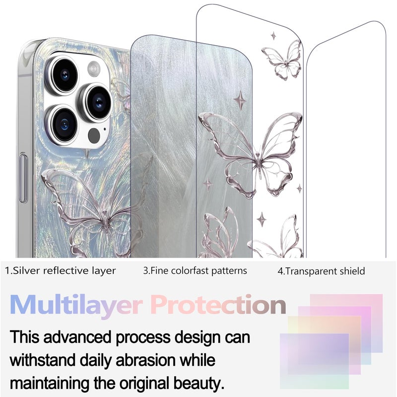 I-MGAE-IN-AR Compact Case for iPhone 16 Pro Max Shiny Silver Butterfly Design,Cute Trendy Soft Slim TPU Shockproof Protective Phone Cases Cover for Women Girls Aesthetic Glitter - Image 2