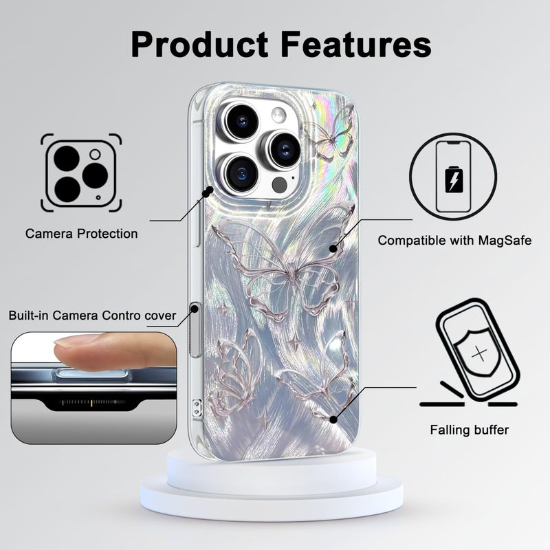 I-MGAE-IN-AR Compact Case for iPhone 16 Pro Max Shiny Silver Butterfly Design,Cute Trendy Soft Slim TPU Shockproof Protective Phone Cases Cover for Women Girls Aesthetic Glitter - Image 4