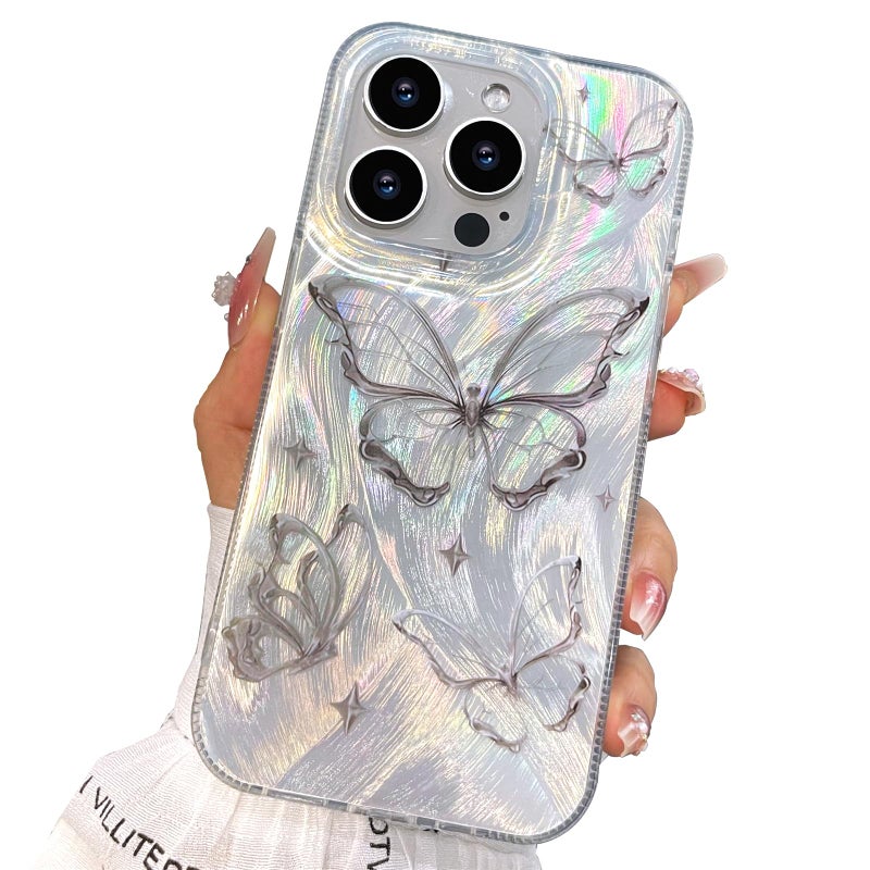 I-MGAE-IN-AR Compact Case for iPhone 16 Pro Max Shiny Silver Butterfly Design,Cute Trendy Soft Slim TPU Shockproof Protective Phone Cases Cover for Women Girls Aesthetic Glitter - Image 1