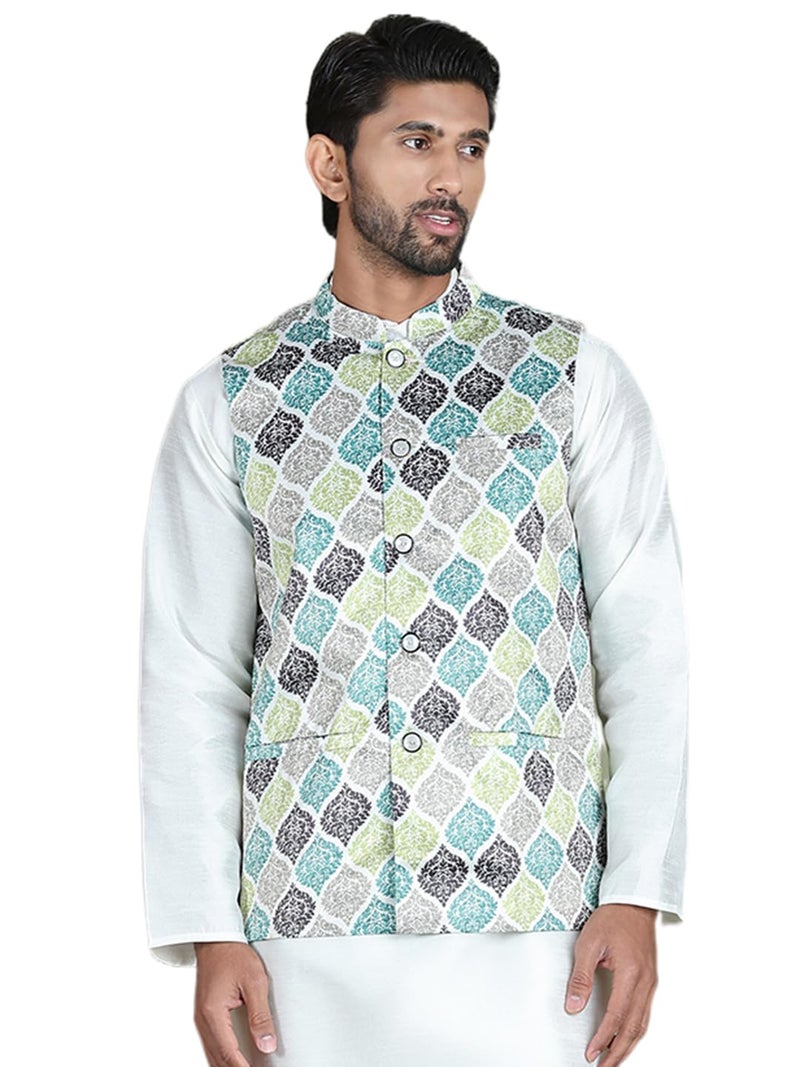 Jompers Floral Printed Nehru Jacket in Silk Blend - Image 1
