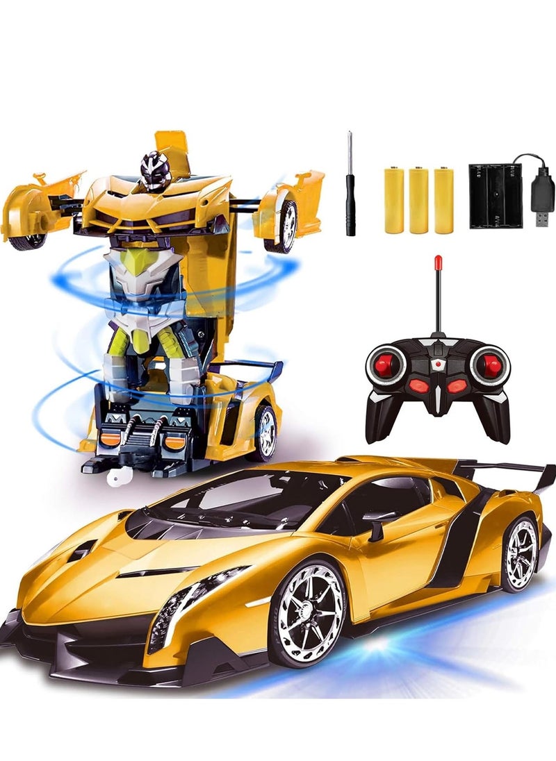YelaJoy Remote Control Car - Transform, One-Button Deformation & 360Â°Rotating Drifting, Transform Robot RC Car with LED Light, Toy Gifts for 4 5 6 7 8 9 10 11 12 Years Old Boy (Yellow)  - Image 1