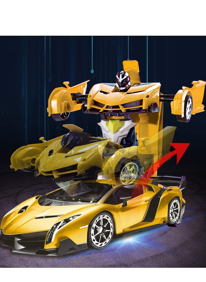 Remote Control Car - Transform, One-Button Deformation & 360Â°Rotating Drifting, Transform Robot RC Car with LED Light, Toy Gifts for 4 5 6 7 8 9 10 11 12 Years Old Boy (Yellow)