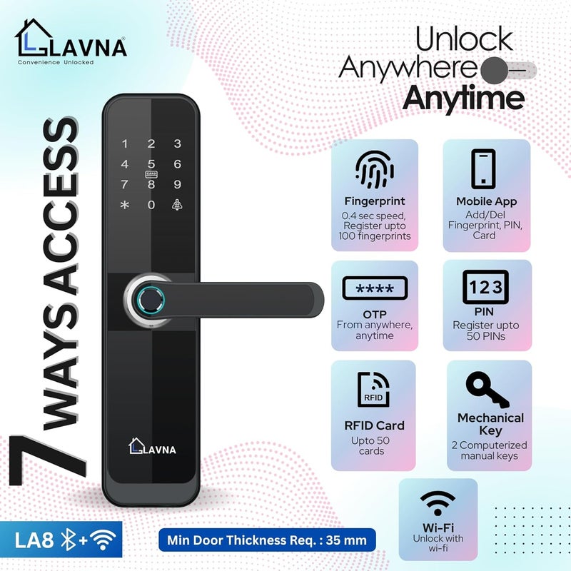LAVNA قفل باب ذكي واي فاي | 7 طرق فتح | بصمة، تطبيق موبايل، واي فاي + بلوتوث، بطاقة RFID، OTP، رقم سري ومفتاح يدوي مع 5 مسامير للأبواب الخشبية (LA8) (واي فاي) - Image 3