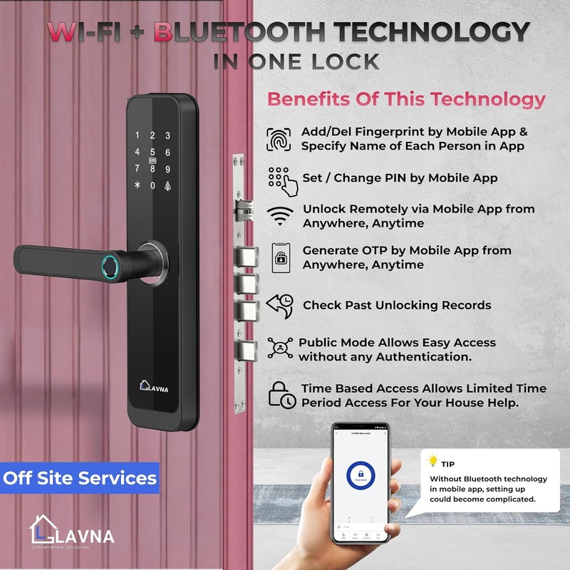 LAVNA قفل باب ذكي واي فاي | 7 طرق فتح | بصمة، تطبيق موبايل، واي فاي + بلوتوث، بطاقة RFID، OTP، رقم سري ومفتاح يدوي مع 5 مسامير للأبواب الخشبية (LA8) (واي فاي) - Image 2