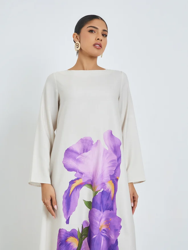 Amirah Grey Floral Print Long Sleeve Jalabiya