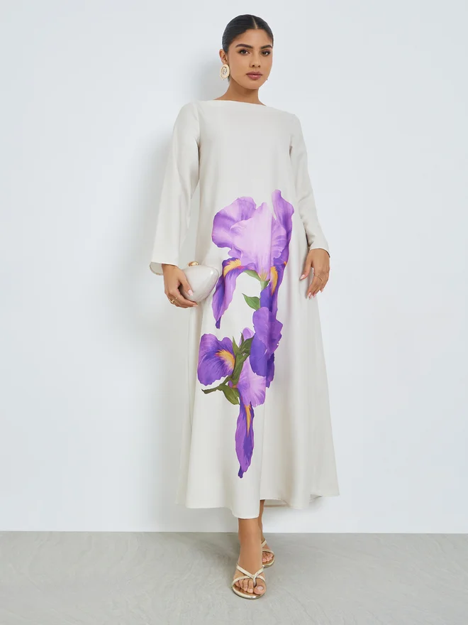 Amirah Grey Floral Print Long Sleeve Jalabiya