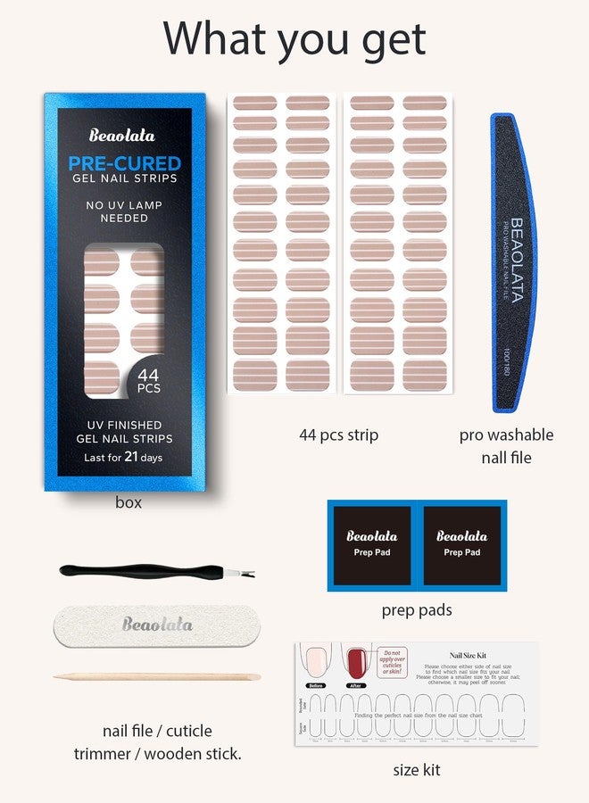 Beaolata Real Gel Nail Strips (No UV Light Needed) - 44Pcs Salon Quality Nail Stickers - Long Lasting Polish Wraps for Women, Easy Apply & Remove (Natural Nude Stripe) - Image 5