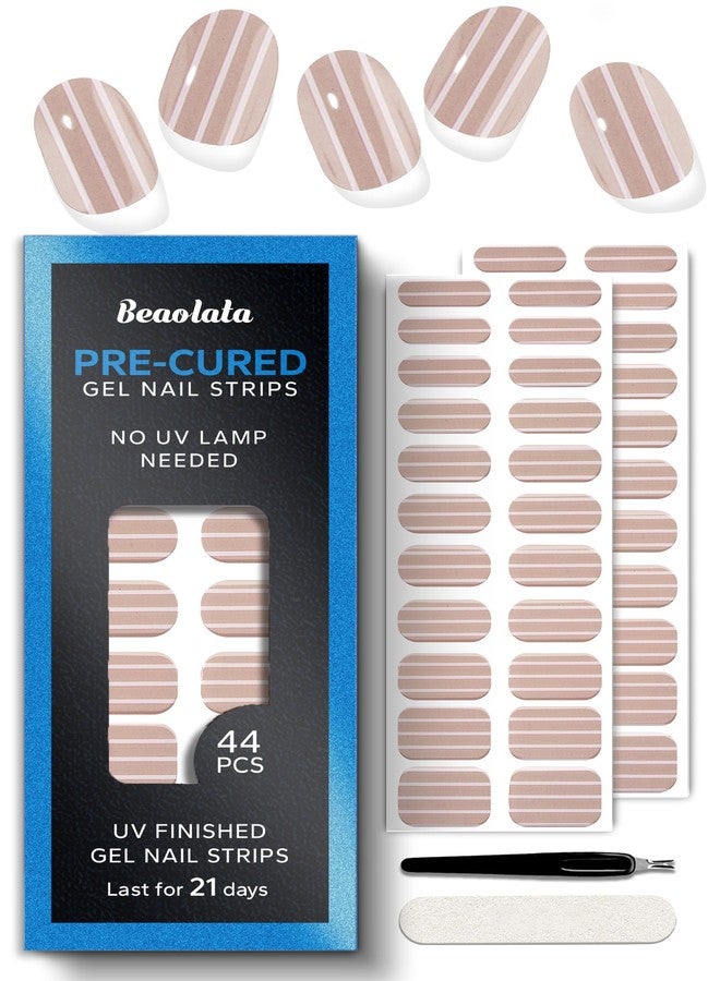 Beaolata Real Gel Nail Strips (No UV Light Needed) - 44Pcs Salon Quality Nail Stickers - Long Lasting Polish Wraps for Women, Easy Apply & Remove (Natural Nude Stripe) - Image 1
