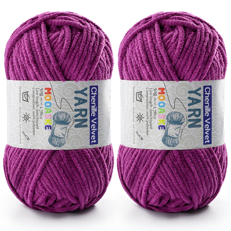 Mooaske 2 Pac Chenille Yarn for Crocheting - Blanket Yarn for Crocheting - Fluffy Yarn for Crochet, Baby Yarn for Crocheting Soft Blankets Weight Per Roll 50g/1.76oz, Length 60m/65yard (Violet) - Image 1