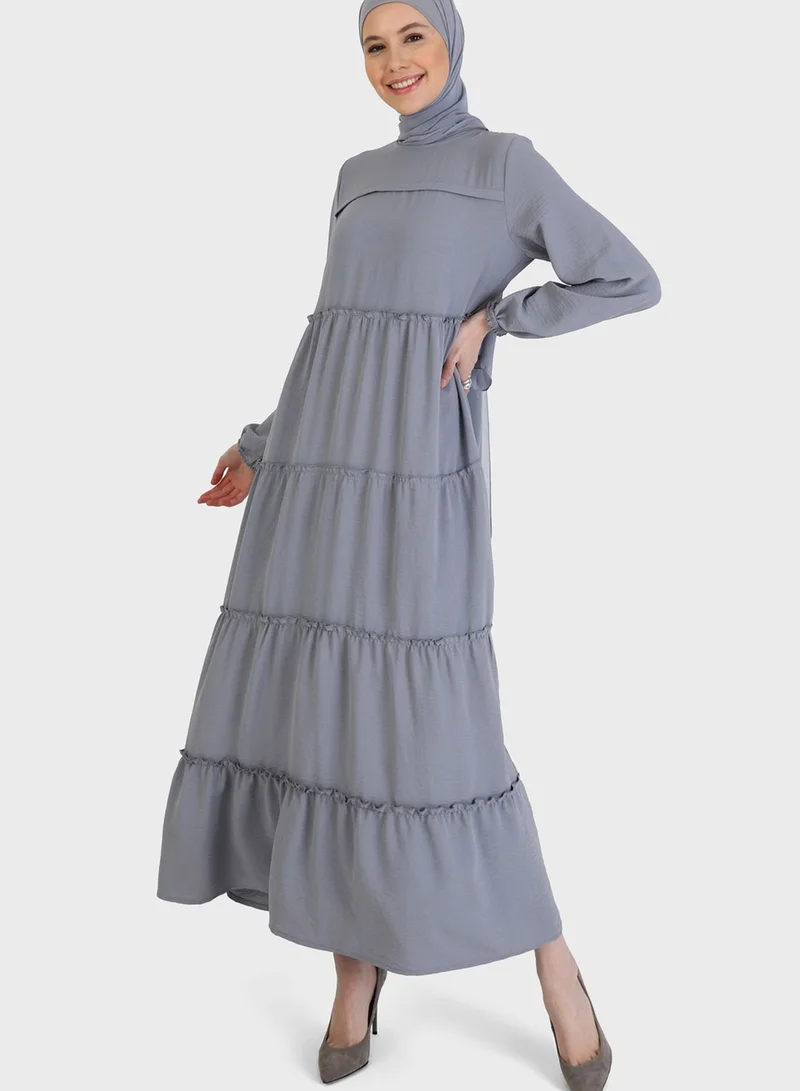 Refka by modanisa Puff Sleeve Tiered Dress