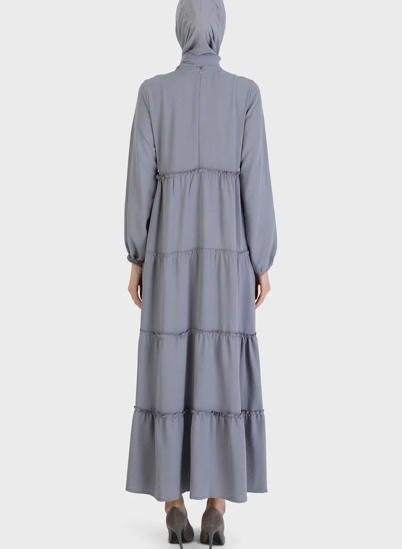 Refka by modanisa Puff Sleeve Tiered Dress