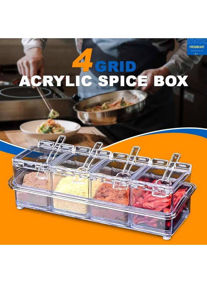 FreshDcart - FreshDcart Fdca389 Transparent 4 Grid Acrylic Spice Box | Seasoning Box | Spice Kit With Serving Spoons For Spice Pepper Salt Masala Kitchen (Pack Of 1 Transparent), Beige - Image 1
