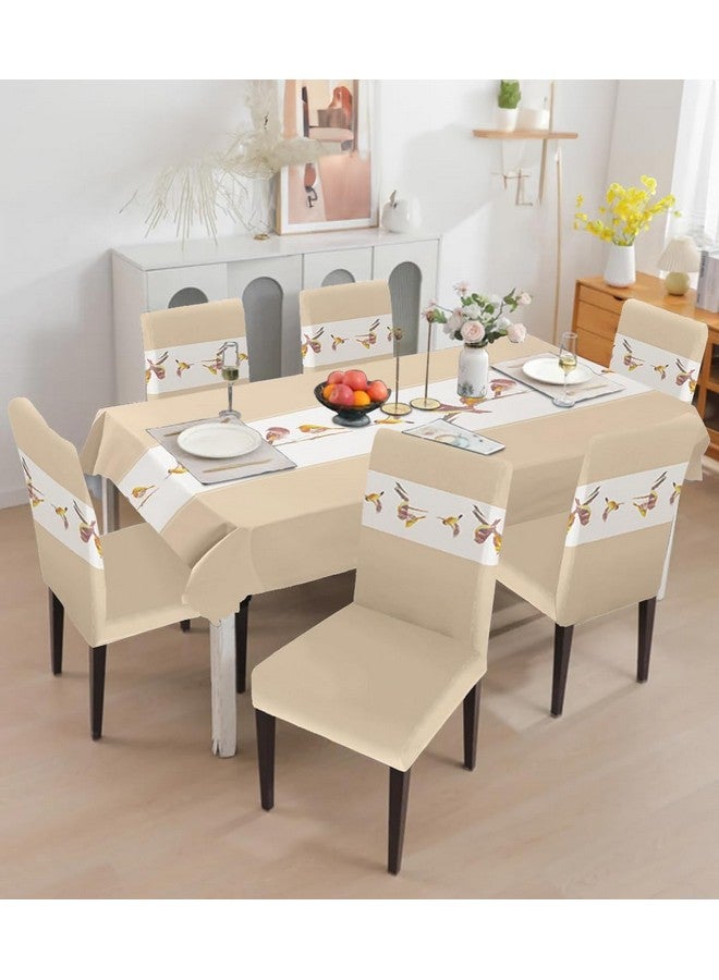 Styleys Dining Chair Cover with Table Covers for Kitchen Waterproof Dining Table Cloth (1 Table Cover + 6 Chair Cover, Beige Bird, K731) - Image 2