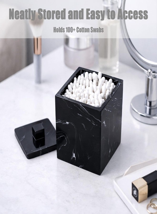 Jung Ford Qtip Holder for Bathroom with Lid - Square Cotton Swab Organizer, Cotton Ball Dispenser, Makeup Pad Container - Marble Look Resin Vanity Storage (Black) - Image 4