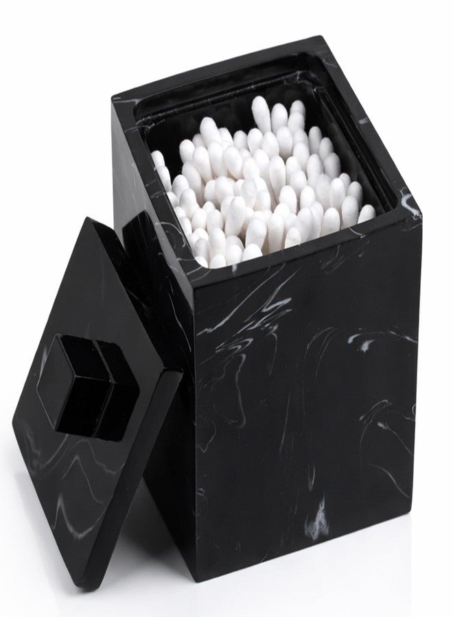 Jung Ford Qtip Holder for Bathroom with Lid - Square Cotton Swab Organizer, Cotton Ball Dispenser, Makeup Pad Container - Marble Look Resin Vanity Storage (Black) - Image 1