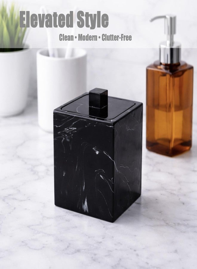 Jung Ford Qtip Holder for Bathroom with Lid - Square Cotton Swab Organizer, Cotton Ball Dispenser, Makeup Pad Container - Marble Look Resin Vanity Storage (Black) - Image 2