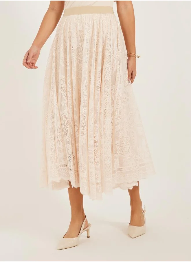 ستايلي Styli Solid Asymmetric Hem Lace A-Line Midi Skirt