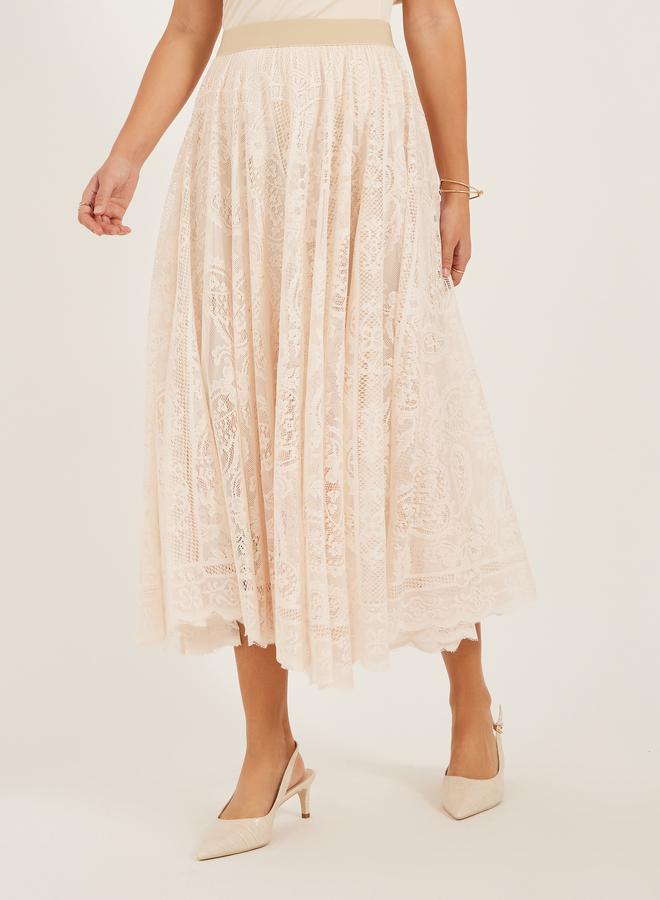 Styli Styli Solid Asymmetric Hem Lace A-Line Midi Skirt  - Image 2