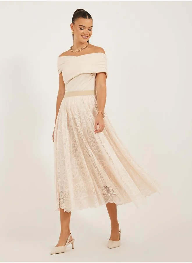 ستايلي Styli Solid Asymmetric Hem Lace A-Line Midi Skirt