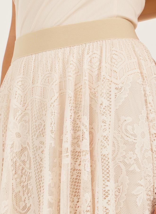Styli Styli Solid Asymmetric Hem Lace A-Line Midi Skirt  - Image 3
