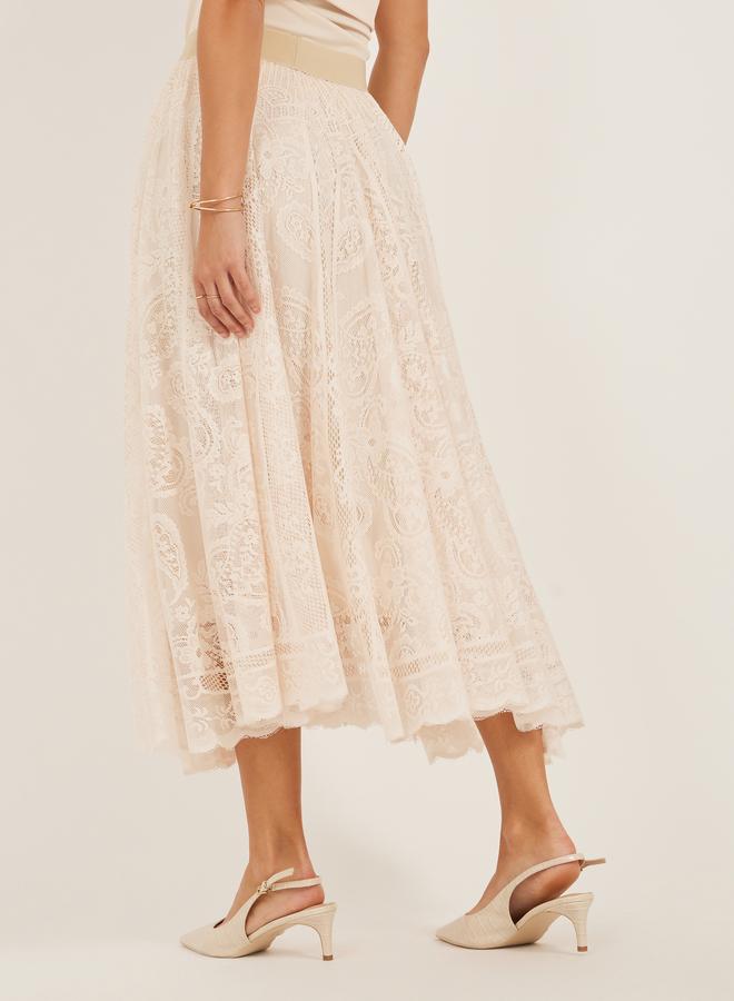 Styli Styli Solid Asymmetric Hem Lace A-Line Midi Skirt  - Image 4