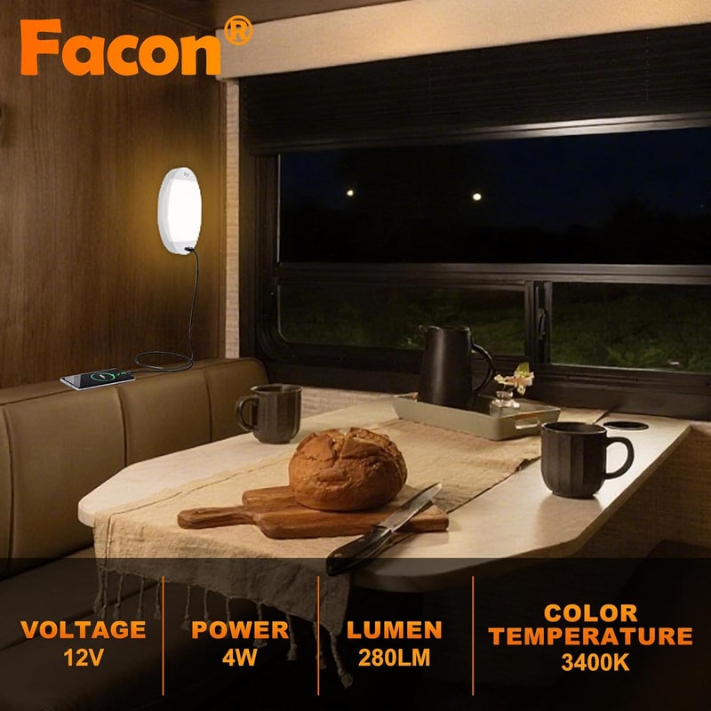 FACON 12V RV Interior Lights with Fast USB Charger (5V/2.4A) – Oval Pancake LED Ceiling Light Fixture with Switch, 12Volt Lighting for RV, Camper, Boat, Tiny Homes - Image 3