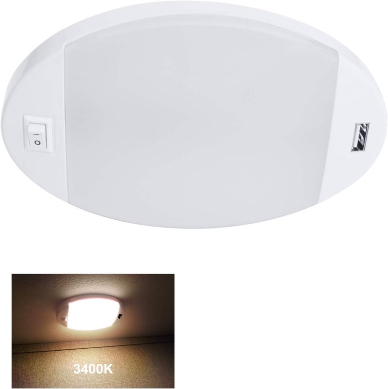 FACON 12V RV Interior Lights with Fast USB Charger (5V/2.4A) – Oval Pancake LED Ceiling Light Fixture with Switch, 12Volt Lighting for RV, Camper, Boat, Tiny Homes - Image 1