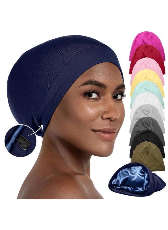 CAPLORD Silk Satin Bonnet Hair Cover Sleep Cap for Sleeping Beanie Hat Adjustable Stay On Headwear Lined Natural Nurse Cap for Women, Navy, L - Image 1