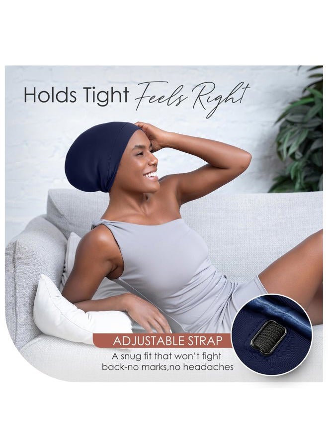CAPLORD Silk Satin Bonnet Hair Cover Sleep Cap for Sleeping Beanie Hat Adjustable Stay On Headwear Lined Natural Nurse Cap for Women, Navy, L - Image 3