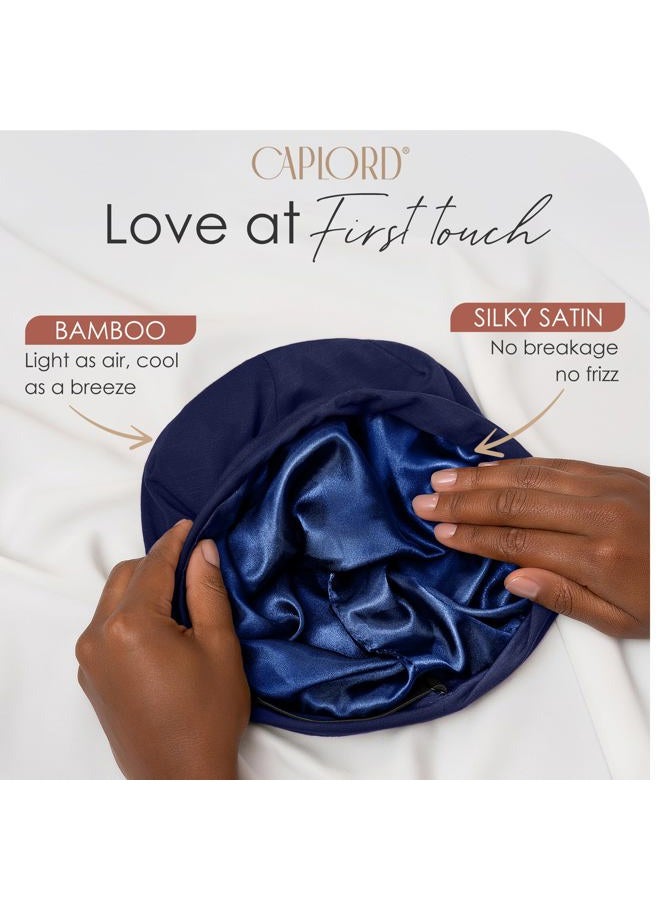 CAPLORD Silk Satin Bonnet Hair Cover Sleep Cap for Sleeping Beanie Hat Adjustable Stay On Headwear Lined Natural Nurse Cap for Women, Navy, L - Image 2