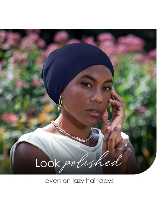 CAPLORD Silk Satin Bonnet Hair Cover Sleep Cap for Sleeping Beanie Hat Adjustable Stay On Headwear Lined Natural Nurse Cap for Women, Navy, L - Image 5