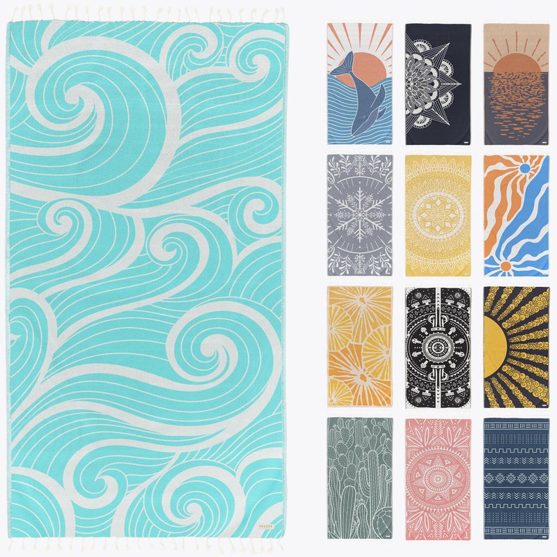 FESHKA Sand Free Turkish Beach Towel 37 x 67 Quick Dry Bath Towel Oversized Beach Blanket Lightweight for Travel  Made with 100 Organic Turkish Cotton  Summer Waves Turquoise