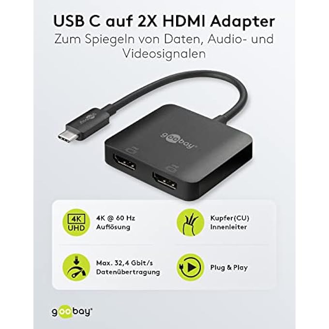 Goobay 60173 USB C TO HDMI ADAPTER / 4K @ 60HZ USB SPLITTER LAPTOP TO 2 MONITORS / 2PORT HDMI HUB 32.4 GBITS/HDMI DOCKING STATION/BLACK - Image 2