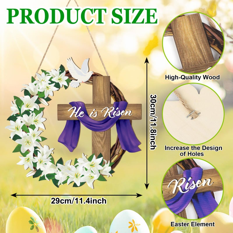 Sophena He is Risen Easter Decoration Wooden Wreaths for Front Door Sign Cross Sign Door Wall Signs, Christian Jesus Lily Flowers Ornaments Hanging Crafts for Spring Home Farmhouse Party Porch Decor - Image 5