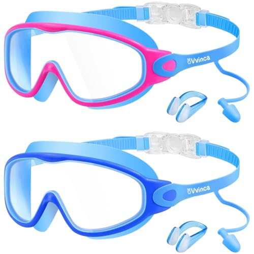 Vvinca Swim Goggles Kids Goggles with Earplugs Nose Clip Wide View AntiFogUV Swimming Goggles for Age 315 Boys Girls - Image 1