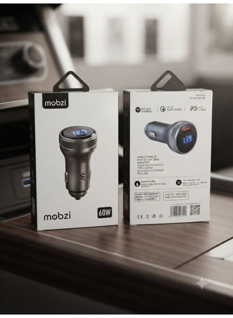 شاحن سيارة Mobzi MZ-12 بقوة 60 واط وشحن سريع وشاشة رقمية - Image 2